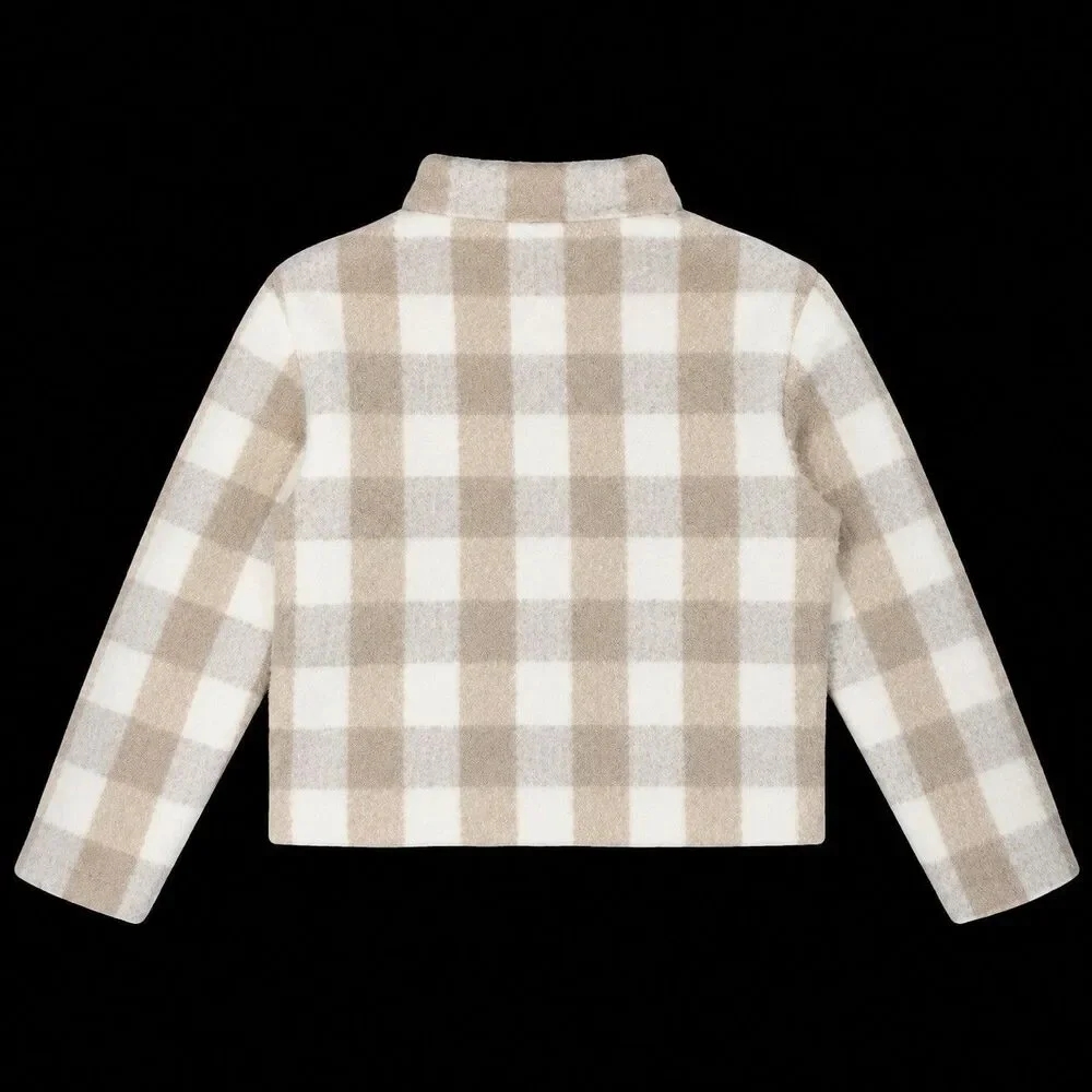Banana Republic Neutral Plaid Boucle Cropped Zip Jacket Women PL Wool Blend